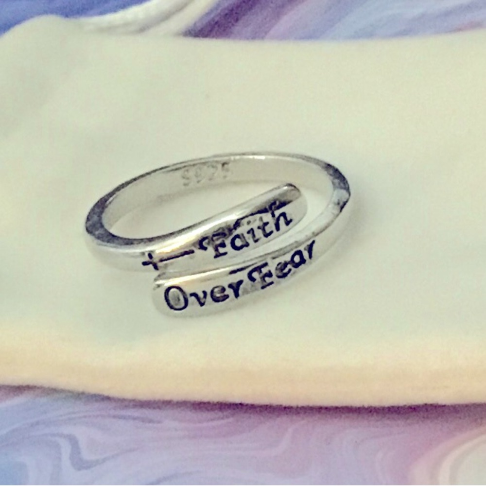 S925 Religious Faith Over Fear Engraved Adjustable Ring
